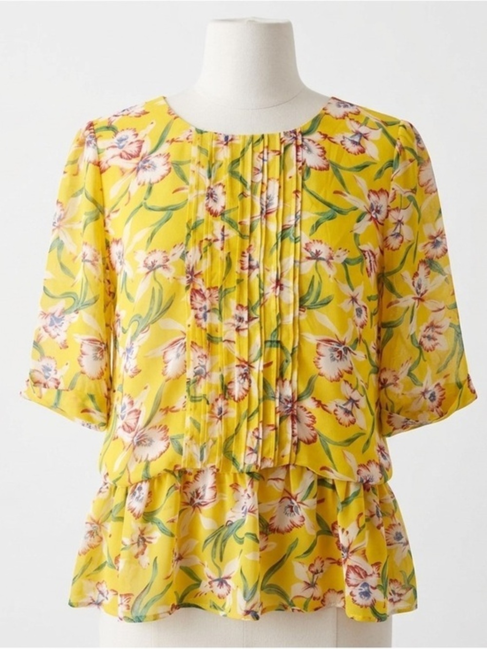 Anthropologie Sunday in Brooklyn Yellow Floral Peplum Top Pintuck Front Size S